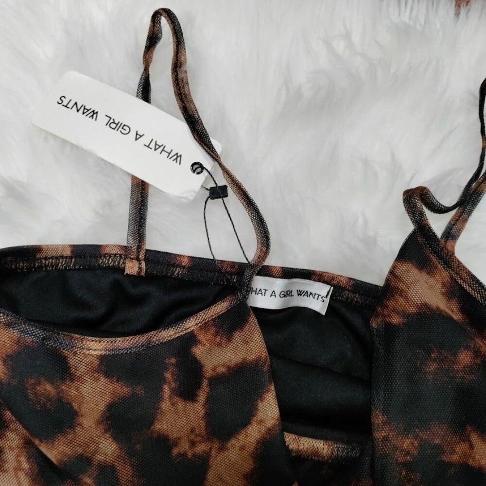 What A Girl Wants Cheetah Whimsy Twee Party Sheer Hem Mesh Mini Dress Small, NWT - Picture 4 of 9